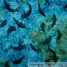 BonEful Fabric FQ Cotton Quilt Blue Green Sea Ocean Water SHARK Fish Boy Scenic