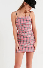 Urban Outfitters Pink Black Plaid Slip Mini Dress 90s Y2K Womens Size Medium