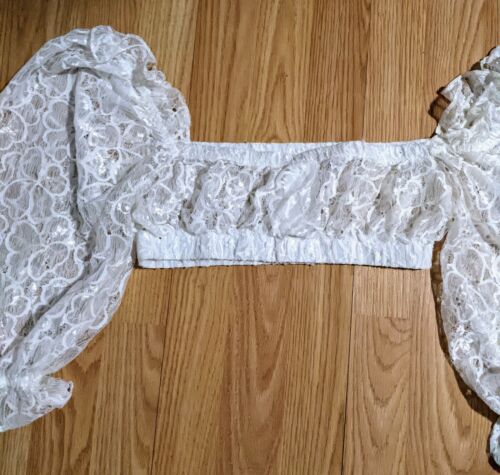 Kikiriki crop top bianco pizzo S manica a sbuffo trasparente sexy club trasparente festival - Foto 5 di 5