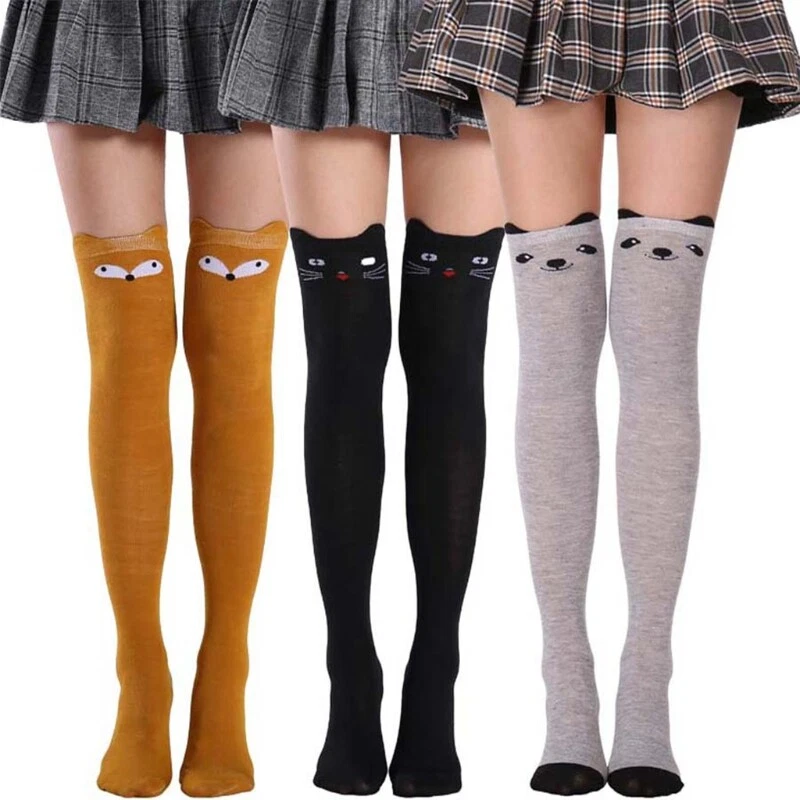 Women Cute Cat Panda Print Thigh High Stockings 3D Animal Ears Over Knee Socks