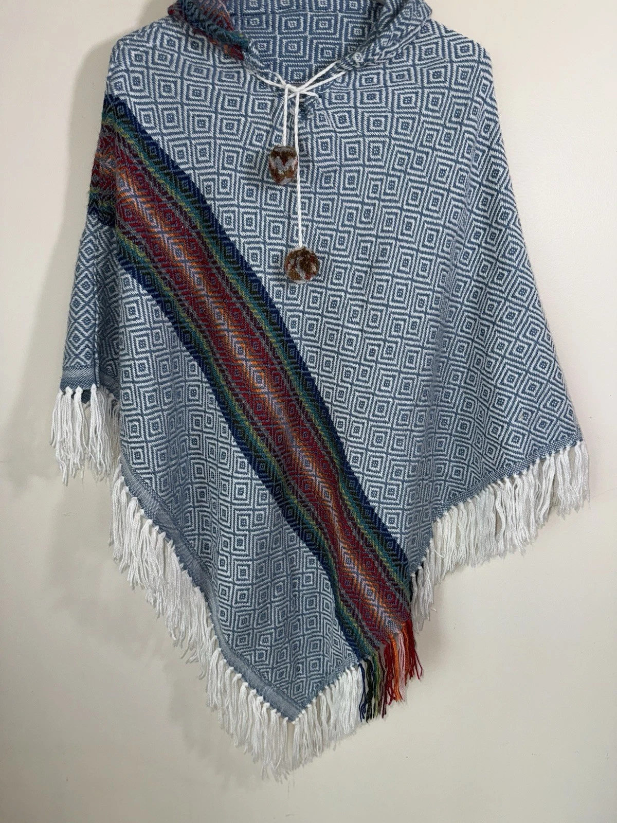 Hooded Baja Poncho Womens One Size Southwestern Fringe Boho Festival