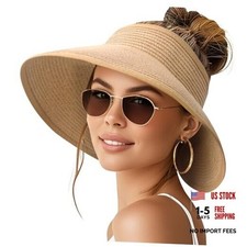 NPQQUAN Sun Visor Hats for Women Wide Brim Ponytail Straw Khaki Classic
