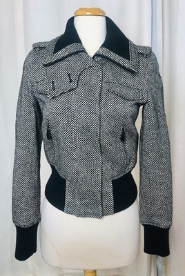 Taifun Black White Checkered Tweed Wool Blend Bomber Jacket  Sz 4/34 Gerry Weber