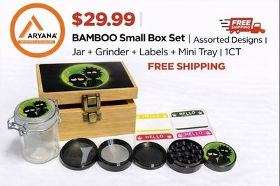 BAMBOO Small Box Set | Assorted Designs |Jar +Grinder + Labels + Mini Tray | 1CT