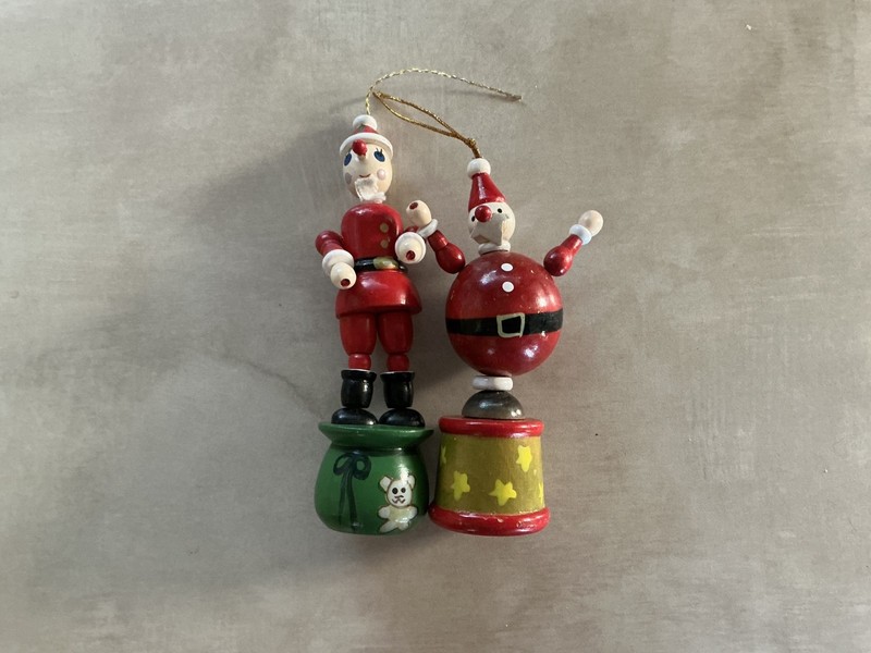 2 Vintage Wooden Santa Claus Push Puppet Christmas Ornaments