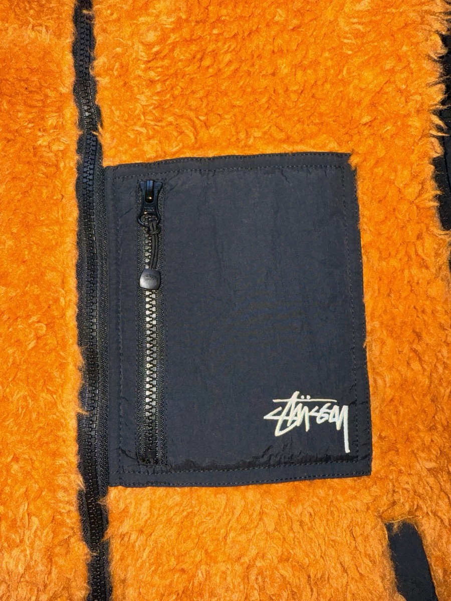 Stussy Reversible Orange Sherpa Vest Mens Size L Fleece Zip Pocket