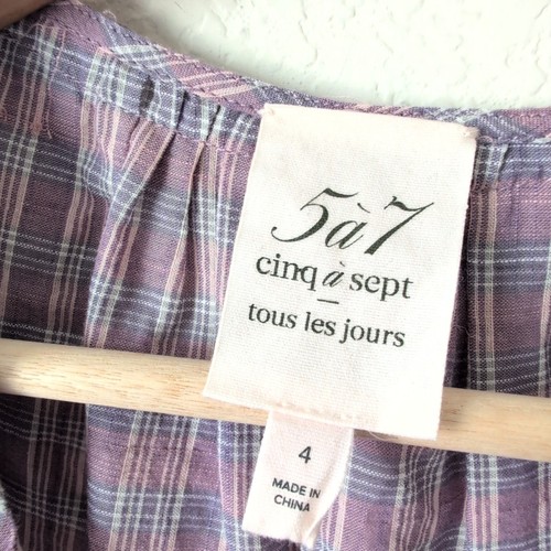 Cinq A Sept Tish Mini Dress Size 4 Purple Plaid Tiered Ruffle V Neck Puff Sleeve - Picture 6 of 8