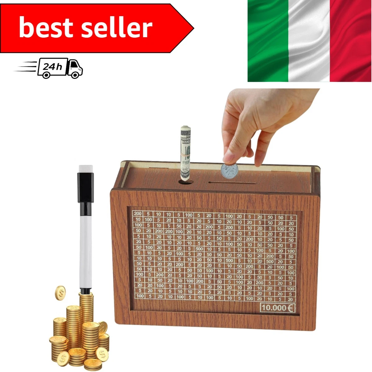 Salvadanaio In Legno Con Contatore Rosso, Conta Soldi, Risparmia Fino A - Foto 6