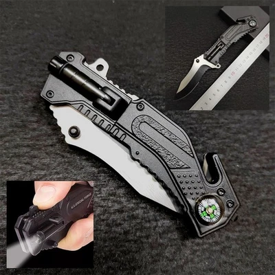 E-AUTOTECH Army Spring Assisted Tactical Rescue Folding Pocket Knife with LED Flashlight US