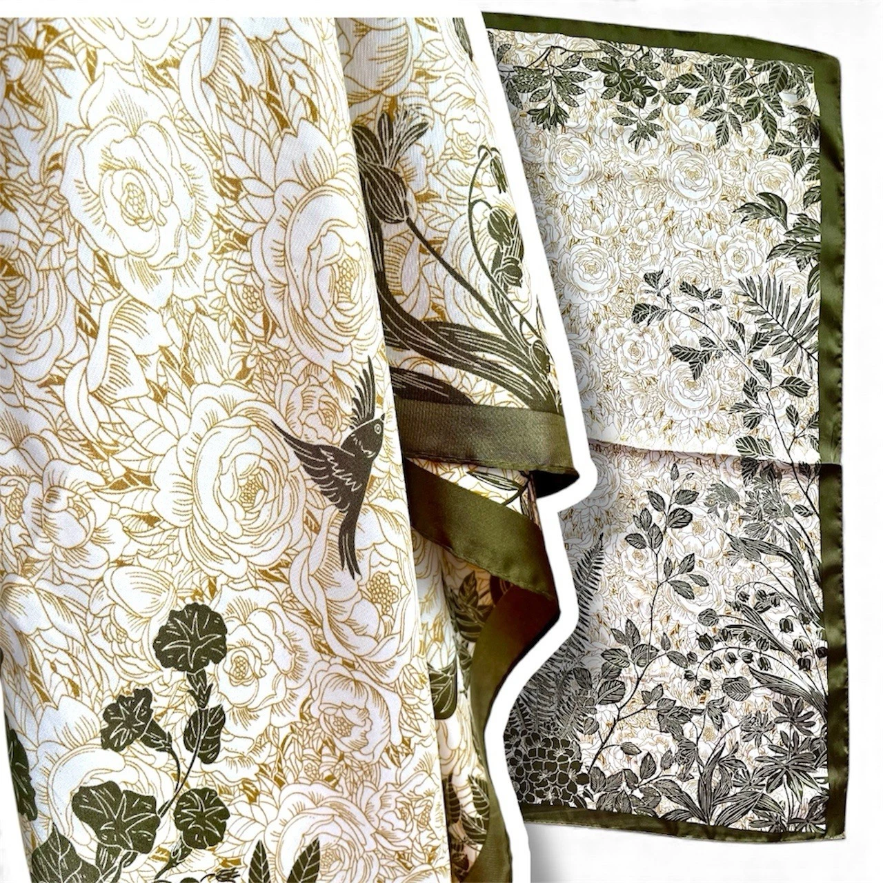 MWOT lovely neck scarf kerchief with nature scene 27” sq soft birds fern