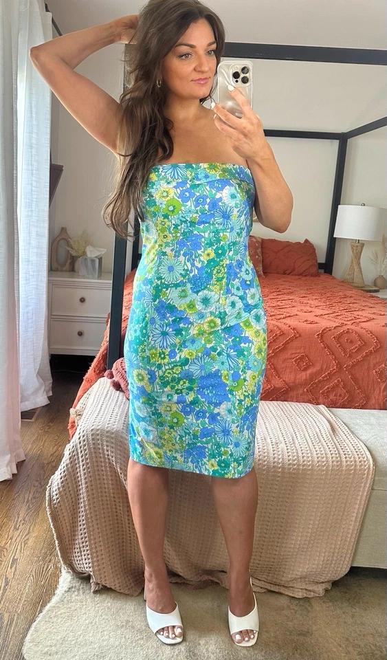 Vestido Lápiz Midi Y2k Años 90 Zinc Talla 13 Algodón Azul Verde Floral Sin Tirantes Foto 3 de 4