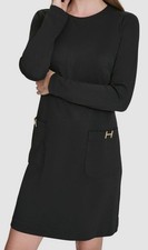Halston Women's Black Patch-Pocket Logo Long-Sleeve Knit Shift Dress Size 16