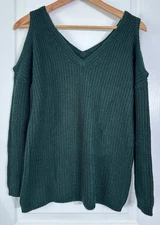 Ambiance Apparel Women Size Small Knit Cold-Shoulder V Neck Sweater Green
