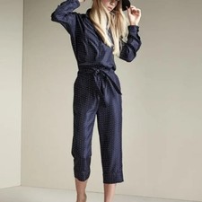 Rag  Bone Arthur Blue Polka Silk Long Sleeve Belted Jumpsuit, Size 0