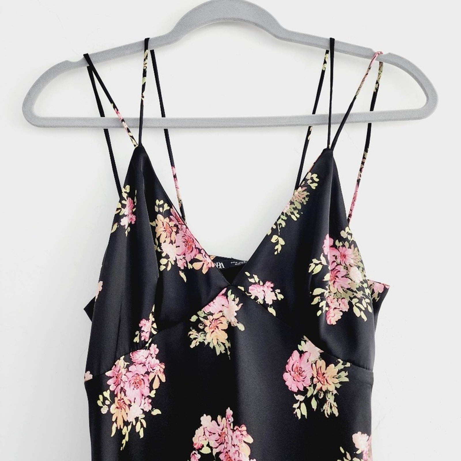 Zara Black Floral Satin Effect Midi / Maxi Slip Dress Spaghetti Straps Large thumbnail 7