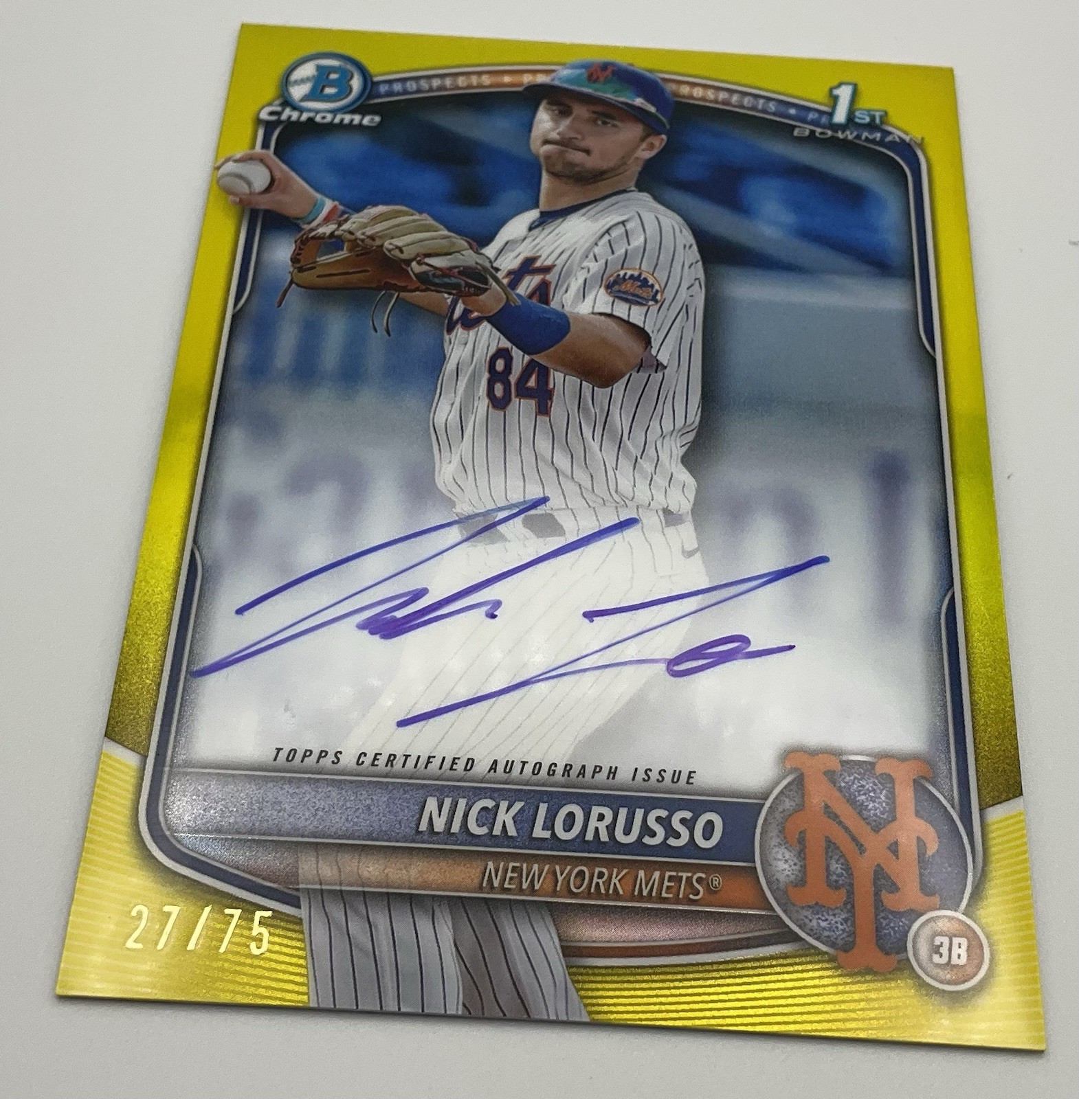 2025 Bowman Chrome #CPA-NL Nick Lorusso Autograph Yellow Refractor RC 27/75 Mets