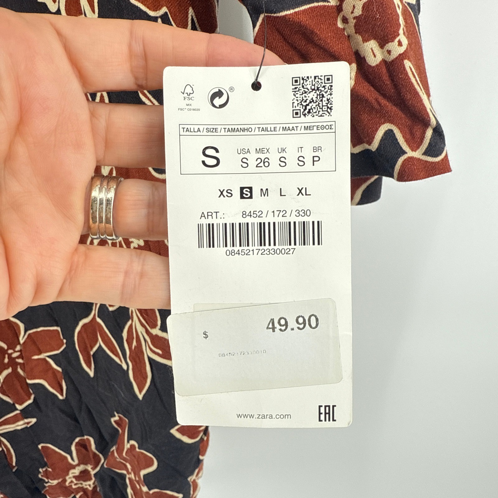 NWT Zara Basic Collection Womens Black Rust Floral 3/4 Sleeve V Neck Dress Small thumbnail 7