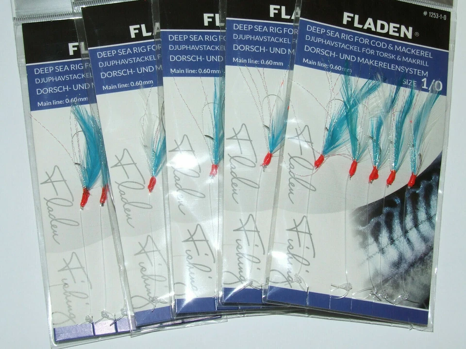 5 x Packs Fladen Mackerel Feathers Sea Fishing 5 Hook Rigs size 1/0 Blue Flash - Image 4 of 4