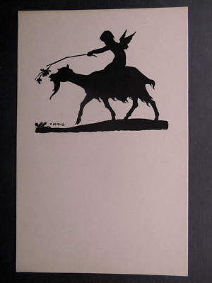 Künstler KRAUSE CARUS Silhouette Fee reitet auf einer Ziege *Vintage* um 1910 Serie 5 Nr. 4