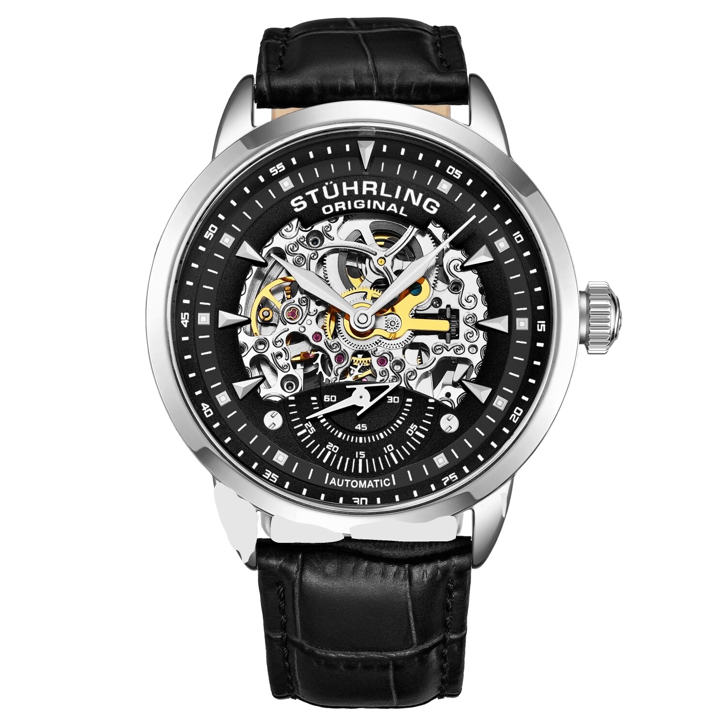 Stuhrling Original 3133 2 di Lusso Automatico Skeleton Nero Pelle Uomo Orologio