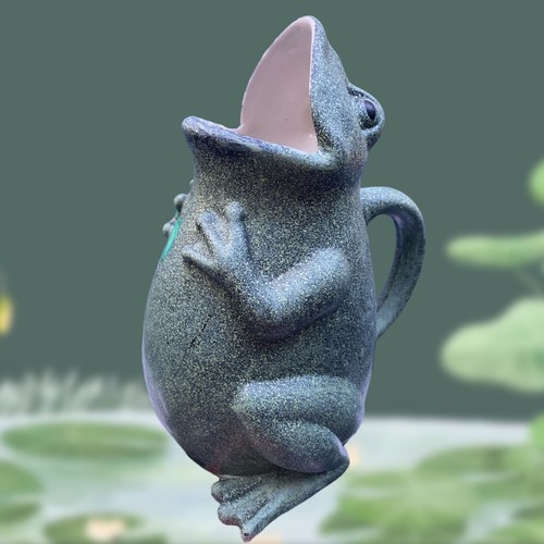 Seasons Of Cannon Falls 9" Tall Stoneware Green Speckled Frog Watering Pitcher - Picture 3 of 11