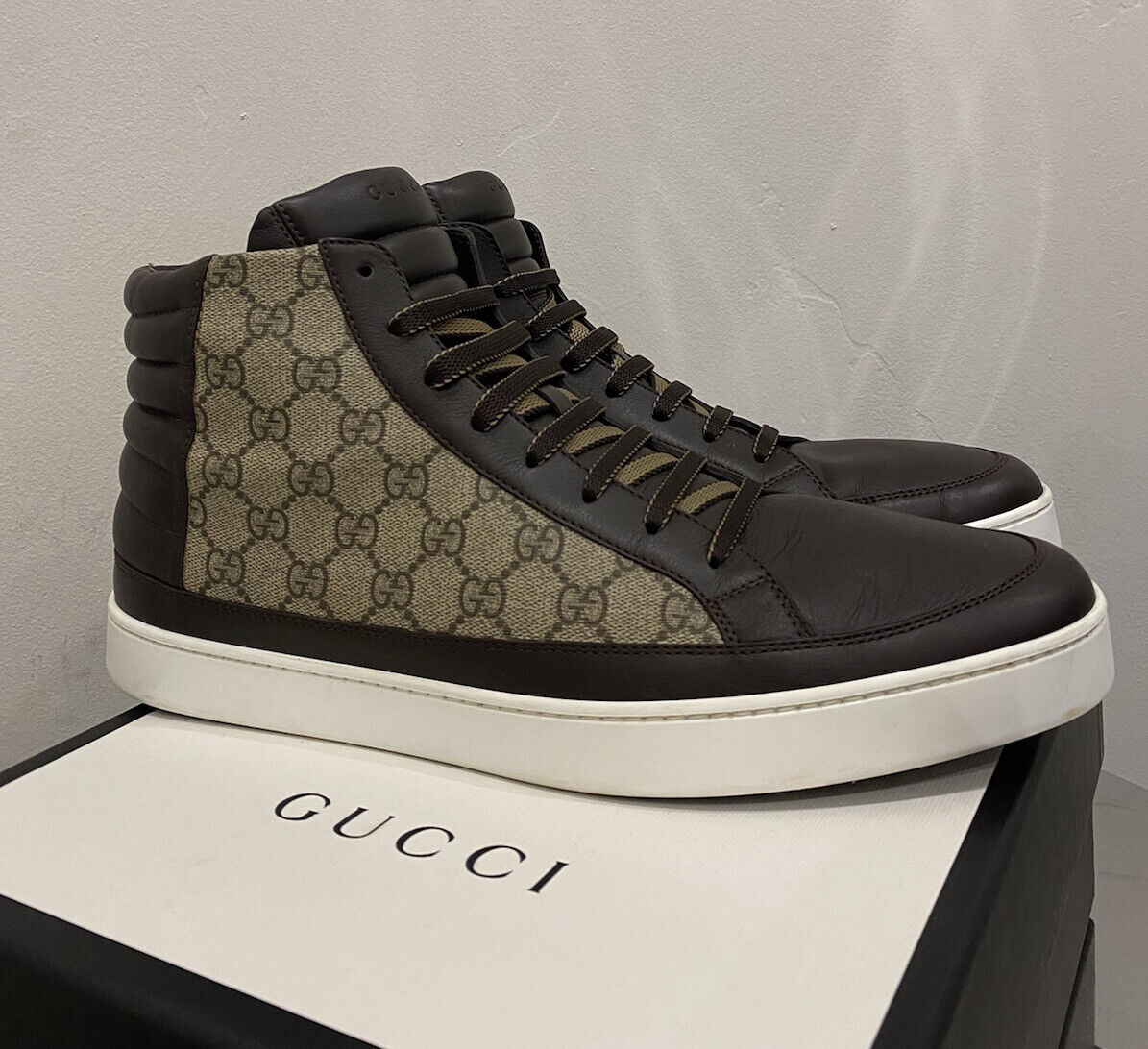 Gucci GG Supreme Tessuto Beige High Top Men sneakers $840 Sz 14 G (15 US)  MINT