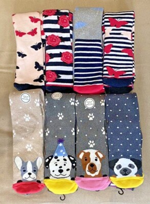 Damen Welly lange Socken UK4-7 lustige Hunde Blume Schmetterling Streifen Pfotenabdruck NEU