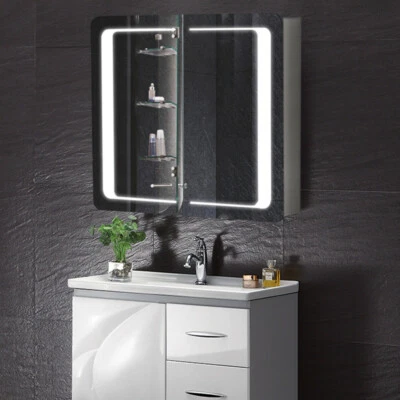 HOMGARDEN-STORE Double Door Bathroom Mirror Cabinet with Lights/Socket/Bluetooth/Demister/Shelf