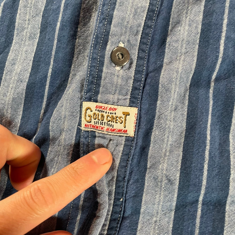 Camisa Vintage Bugle Boy Para Hombre Grande Azul Rayas Abotonada Cresta Dorada Western Foto 4 de 4