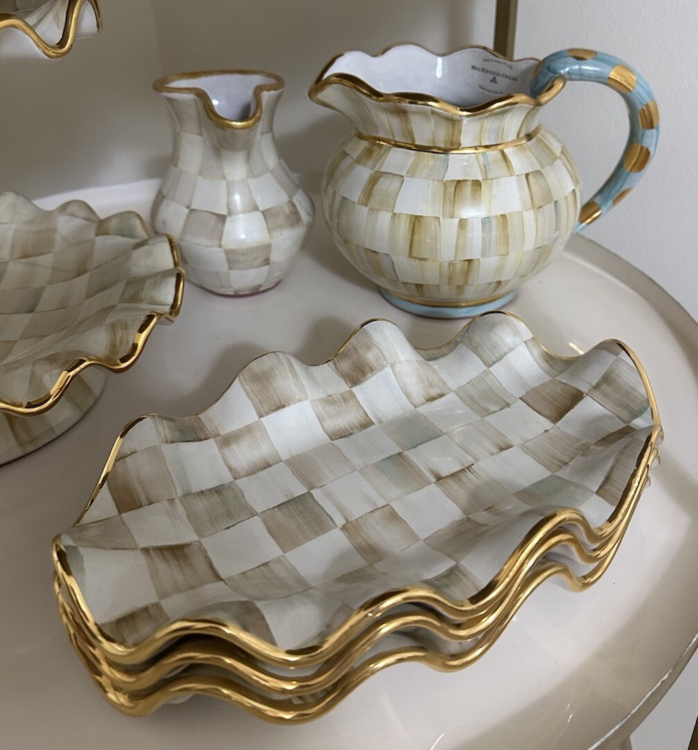 MACKENZIE-CHILDS パーチメント オーバルプレート Mackenzie Childs Ceramic Parchment Check Fluted Oval Platter