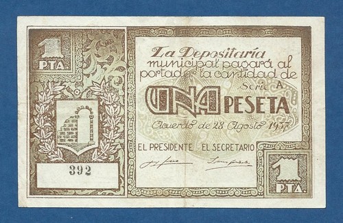 CONSEJO MUNICIPAL DE GRAUS -- 1 PESETA ( 1937 ) -- MBC- -- SERIE A . - 第 1/2 張圖片