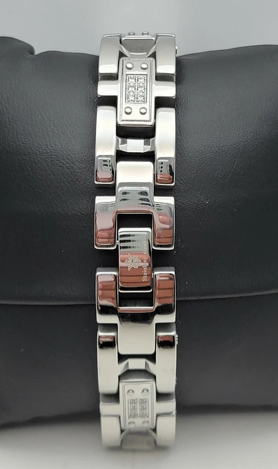 Pulsera Tenis Marca BLACKJACK Hombres Acero Inoxidable Sólido Plata Punta LinK Pesada Foto 4 de 4