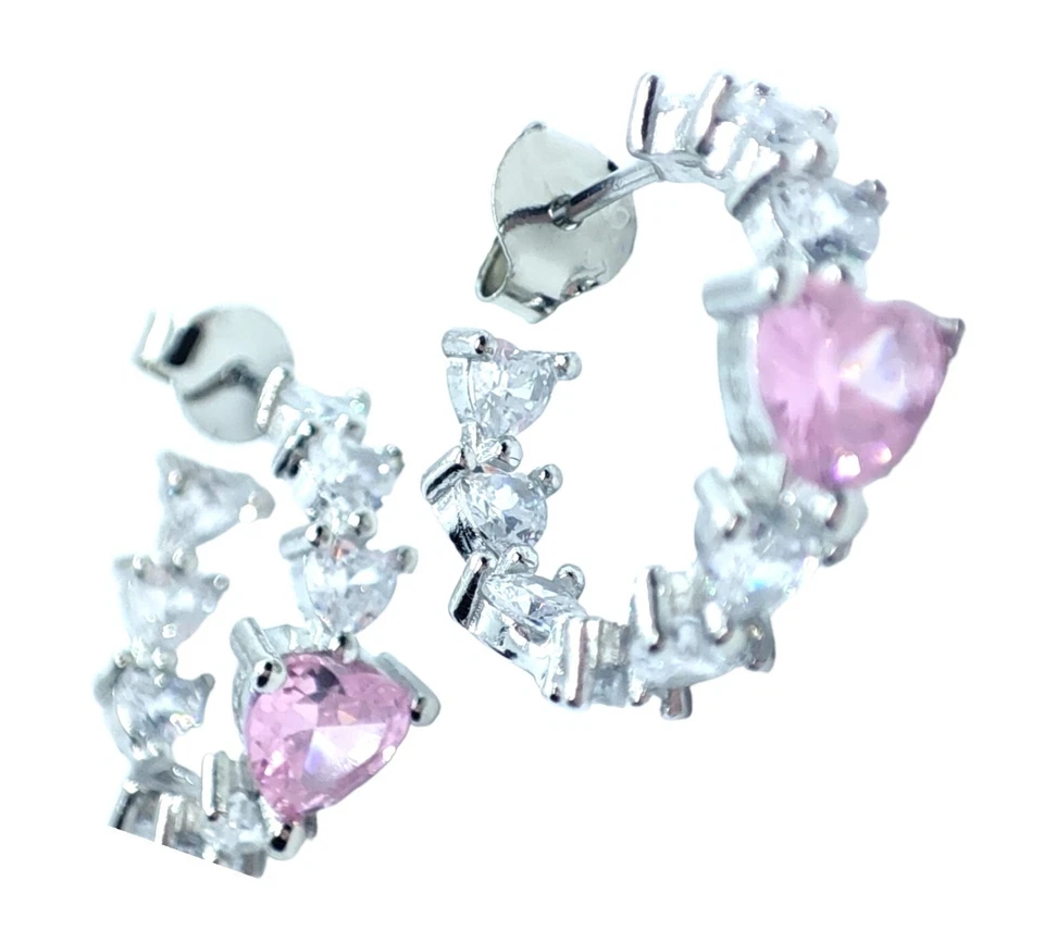 Orecchini Donna cerchio  in argento 925 cuori zirconi Bianchi E Rosa. cerchietto - Immagine 2 di 4