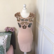 Women’s Lipsy UK 10 Dress Nude Bodycon Stretch Sequin Beaded Front Cap Sleeves