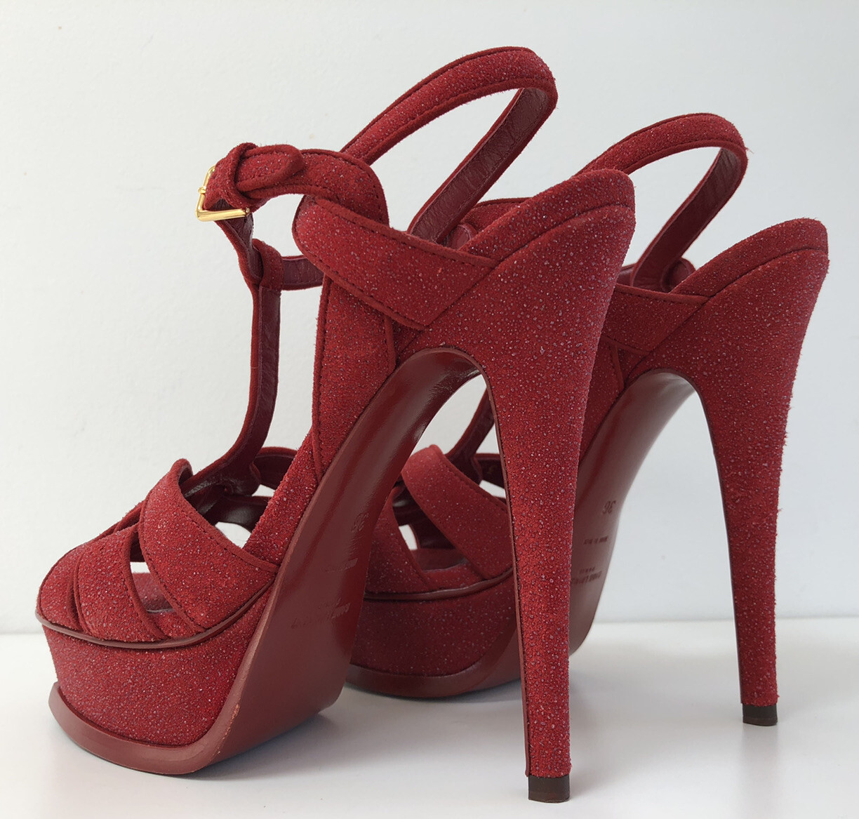 Nuovo Sandalo YSL Saint Laurent EU 36 Tribute 5 3" Quarzo Rosso Glitter Pellegrinaggio Italia
