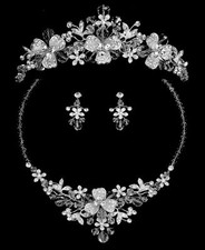 Silver Rhinestone Crystal Flower Bridal Tiara Wedding Necklace Jewelry Set