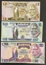 Lot of 3 ZAMBIA 2,10,50 Kwacha Paper Money Foreign Currency UNC Banknote Africa