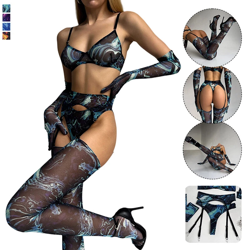 Mujeres Sexy Tie Dye Lencería Conjunto 5 Piezas Sujetador Top Guante Ligas Ropa Interior Medias Foto 2 de 4