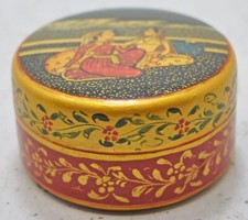 Vintage IN Legno Rotondo Portagioie Originale Old Fatti a Mano Etnico Dipinto