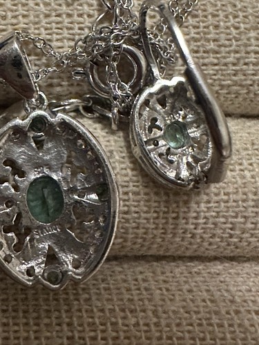 925 STERLING STAUER REAL EMERALD & DIAMOND ACCENT PENDANT NECKLACE EARRINGS SET - Picture 10 of 11