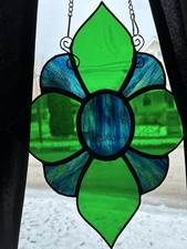 Stained Glass Leaded Flower Mandala Green Blue Window Panel Suncatcher 10x8  
