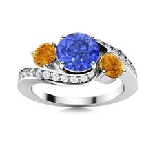 925 Sterling Silver 5MM Round Shape Tanzanite  Citrine Three Stone Women Ring