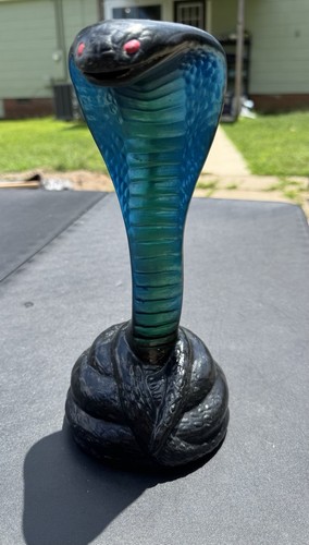 COBRA Snake Statue Vintage Plaster Coiled Iridescent Blue Green Reptile Red Eyes - Picture 6 of 13