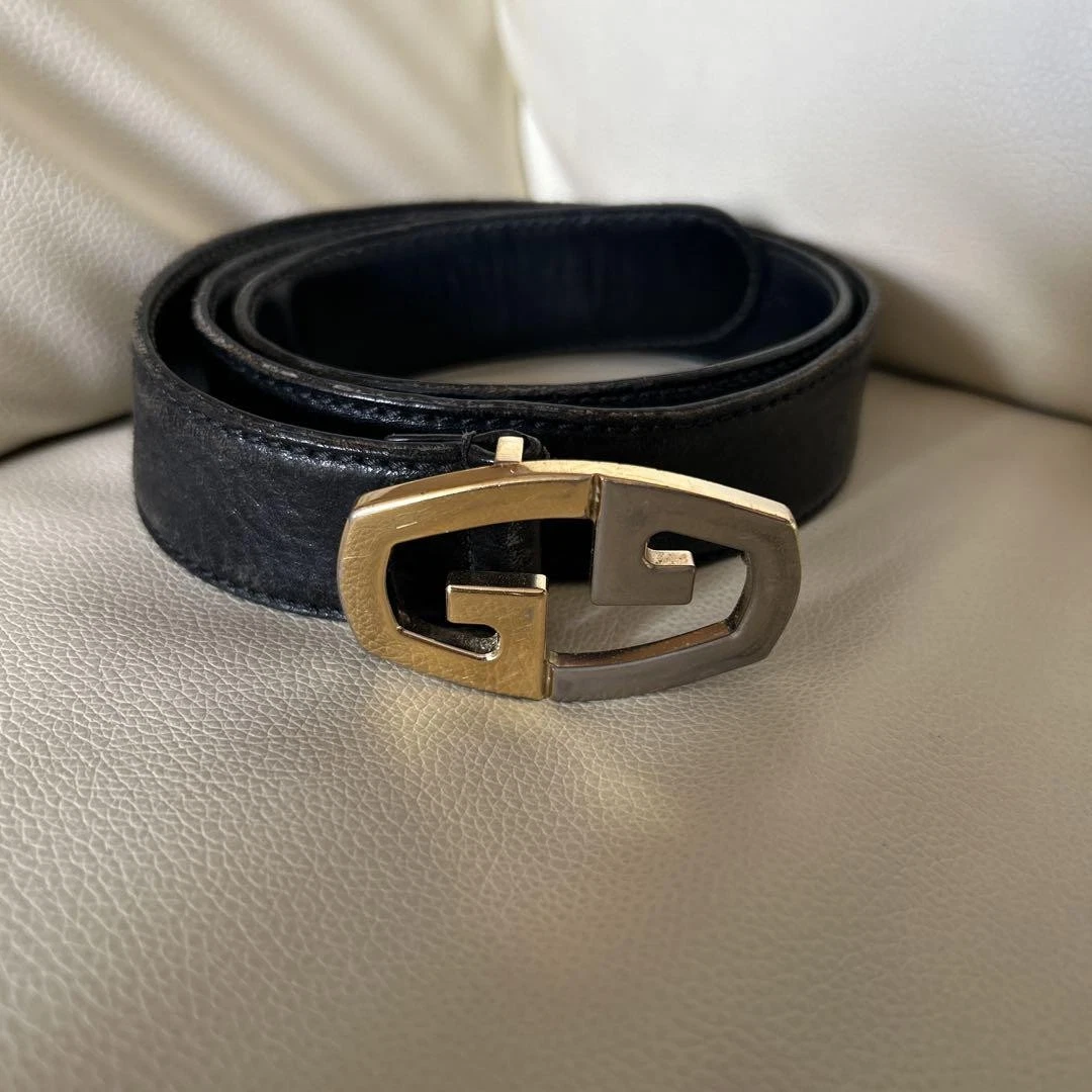 Ceinture homme vintage GUCCI en cuir noir boucle or argent italie golf japon