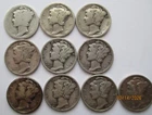 1920 to 1945 Silver Mercury Dime set, 10 Different Circulated Dimes