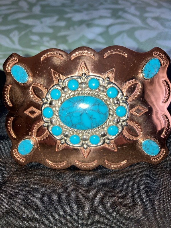 Gorgeous Southwestern Solid-Copper BuckleWith Fifteen Turq. Stones/motiffs  81g.