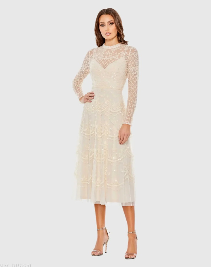 Mac Duggal Sequined Illusion High Neck Long Sleeve Dress, Style# 9142, Size 16