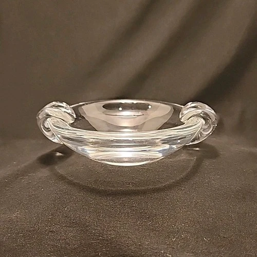Vintage Signed Steuben Blown Glass Ashtray with side scrolls