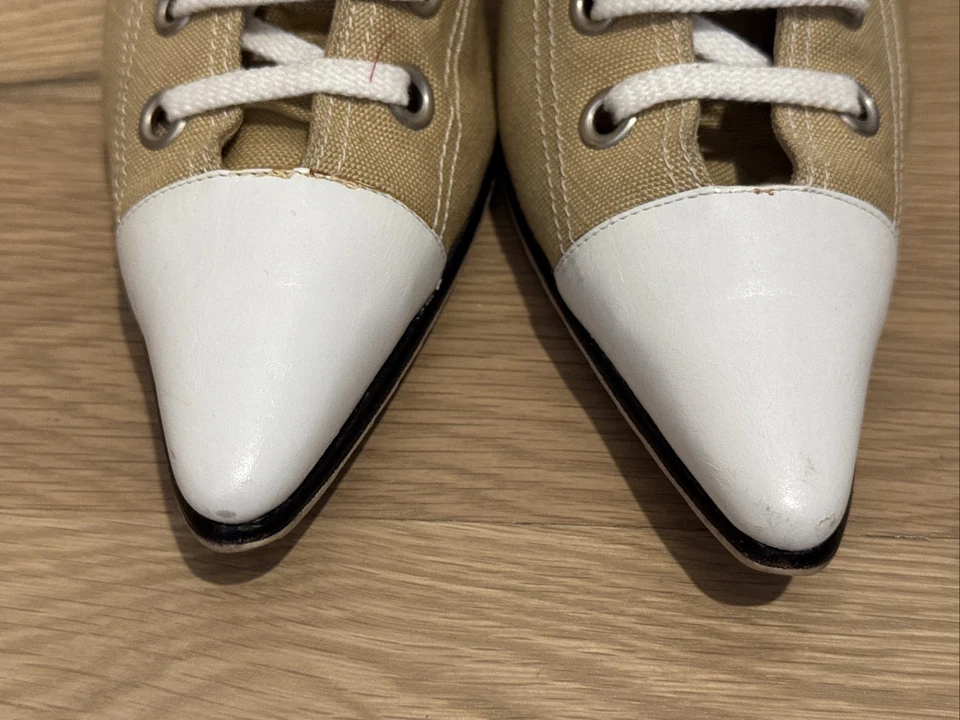 Manolo Blahnik RARO Zapatilla Botines Tacón Gatito Camel Tostado Lino Blanco Talla 37.5 Foto 2 de 4