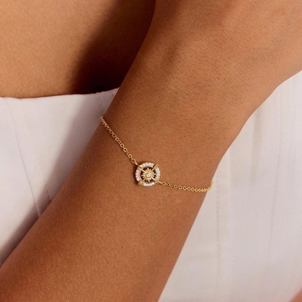 Alternate view of Round Cut Real Moissanite Compass Bracelet For Gift 14k Yellow Gold Plated